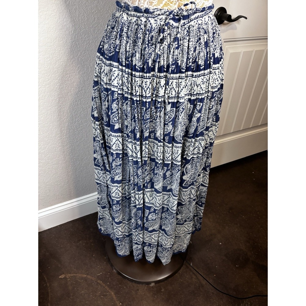 Broomstick Boho Crinkle Maxi SKIRT‎ Hippie India Cotton Festival OS Blue White